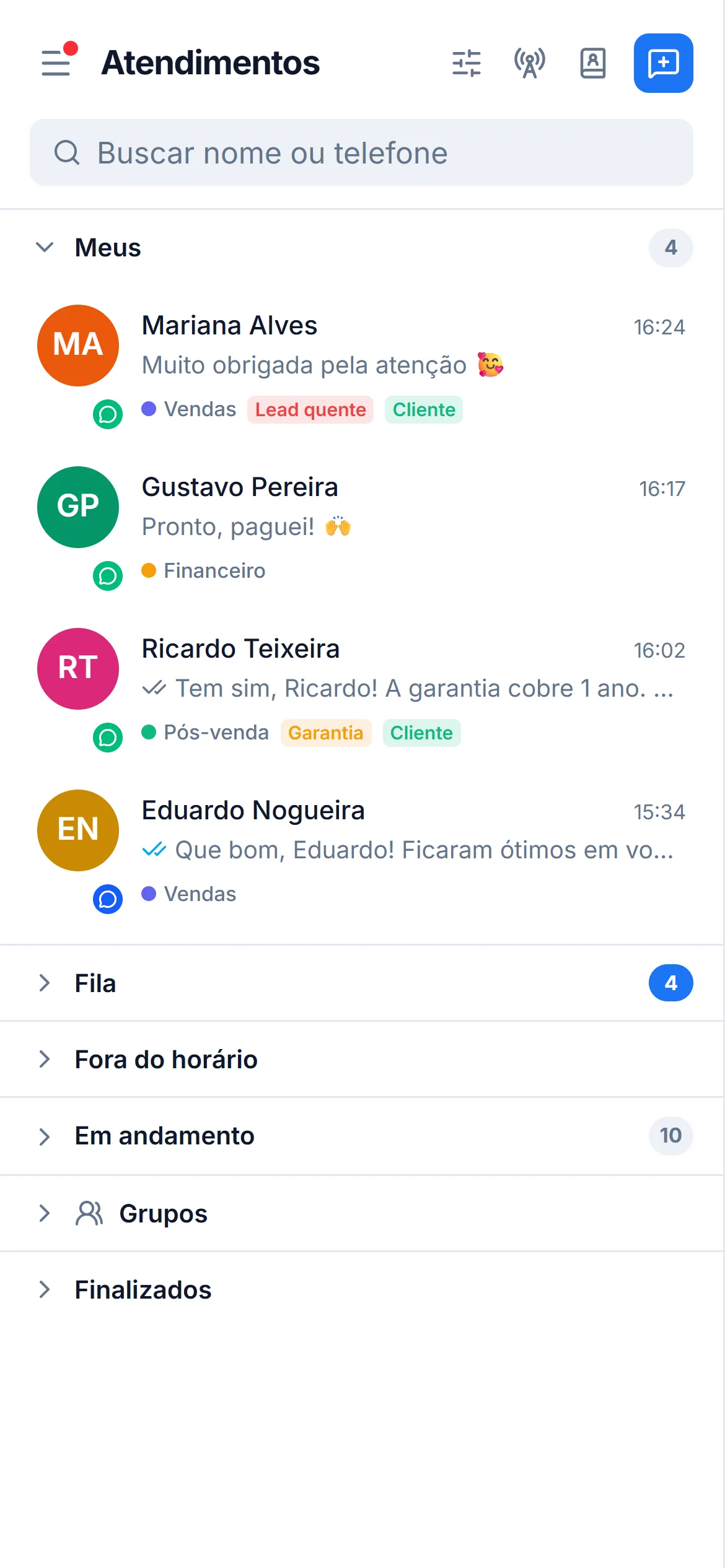 Lista de atendimentos do JOTA5 Chat no celular