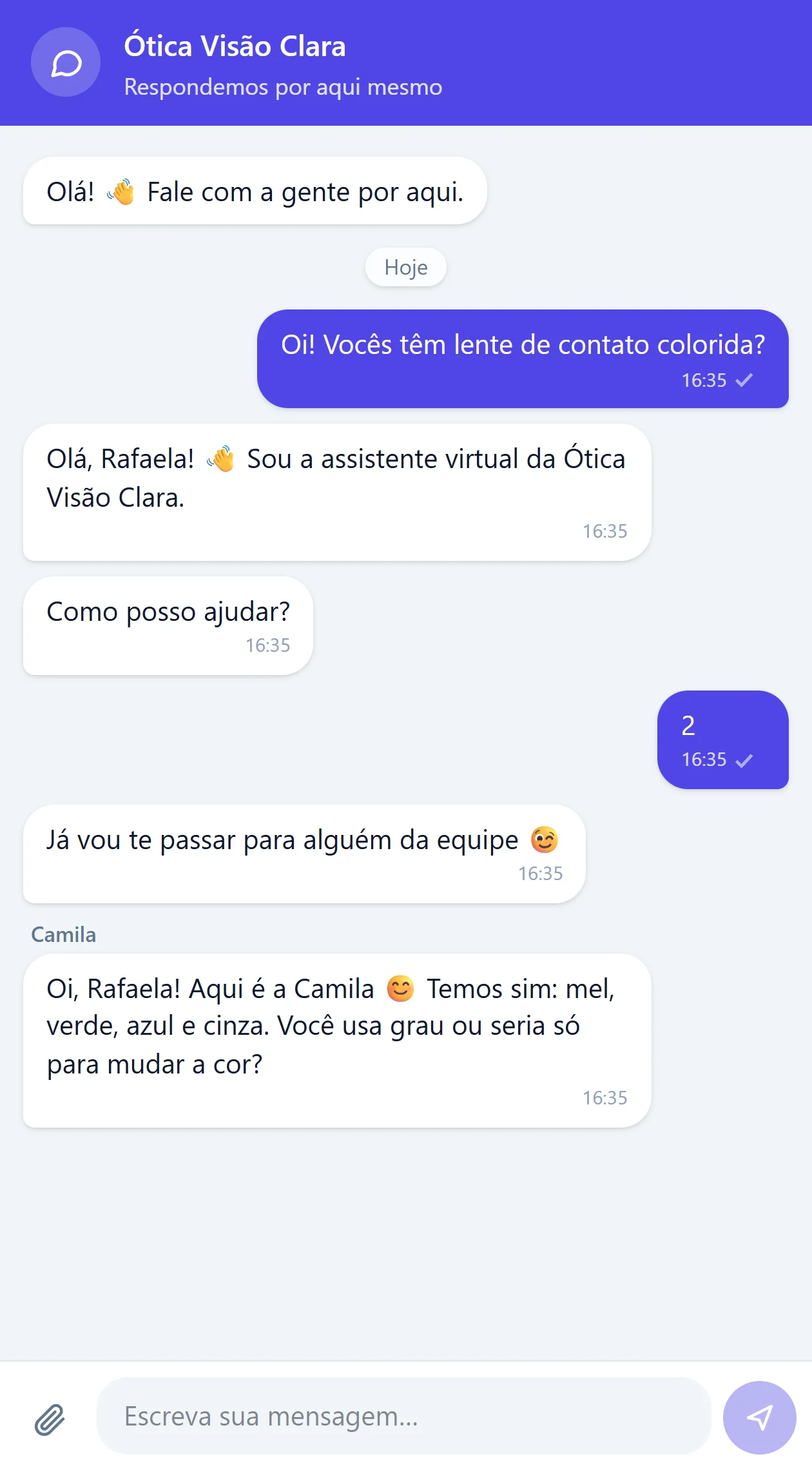 Conversa no chat do site: o chatbot atende e passa para a atendente