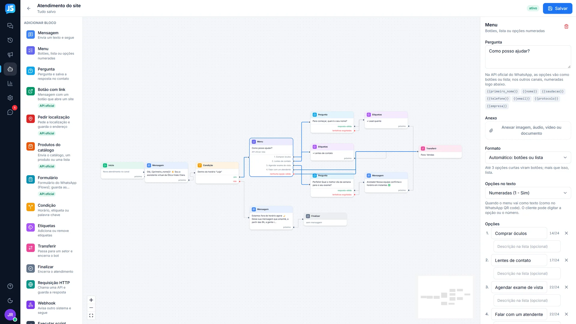 Editor visual do chatbot, montado com blocos