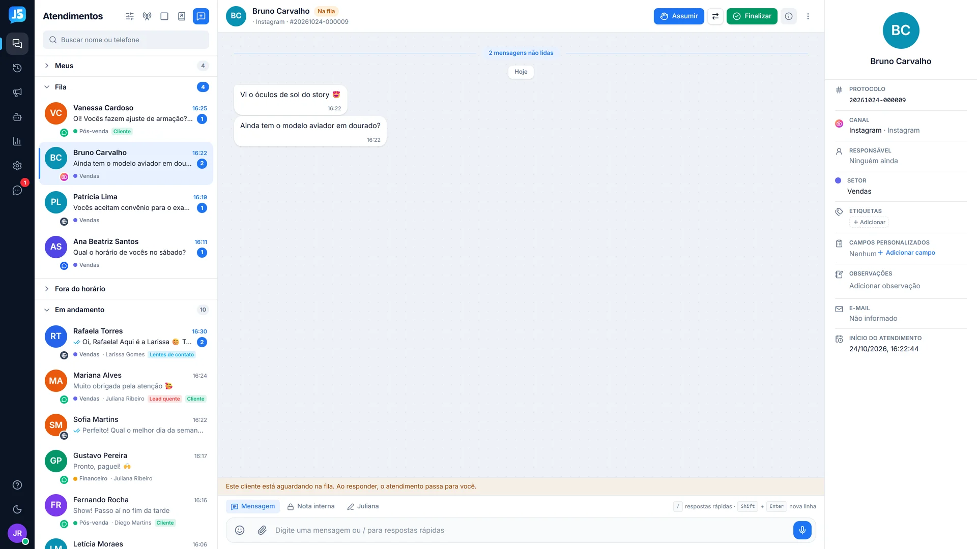 Fila de espera do JOTA5 Chat com atendimentos de WhatsApp, Instagram, Facebook e chat do site