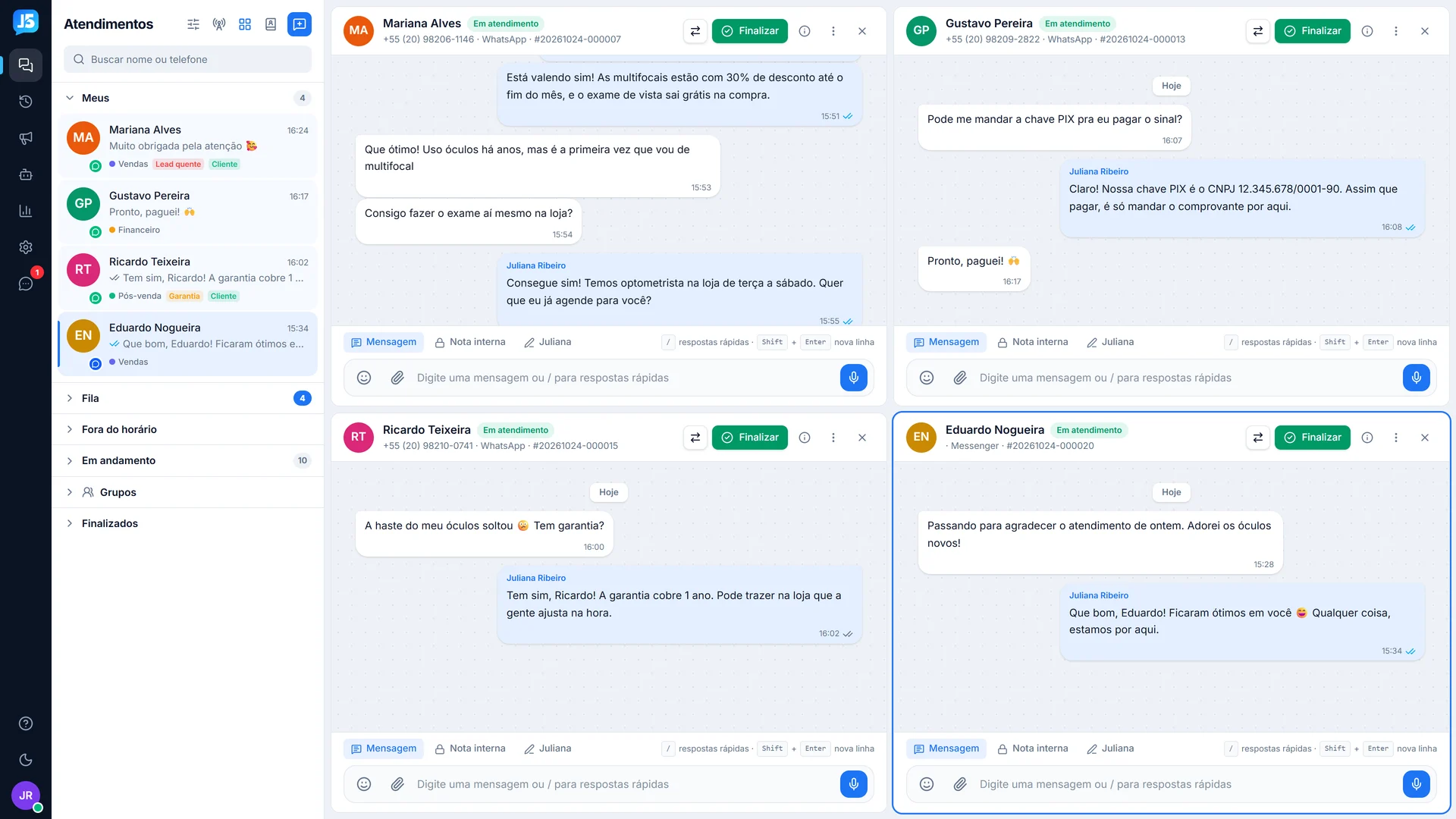Multiexibição: quatro conversas abertas lado a lado